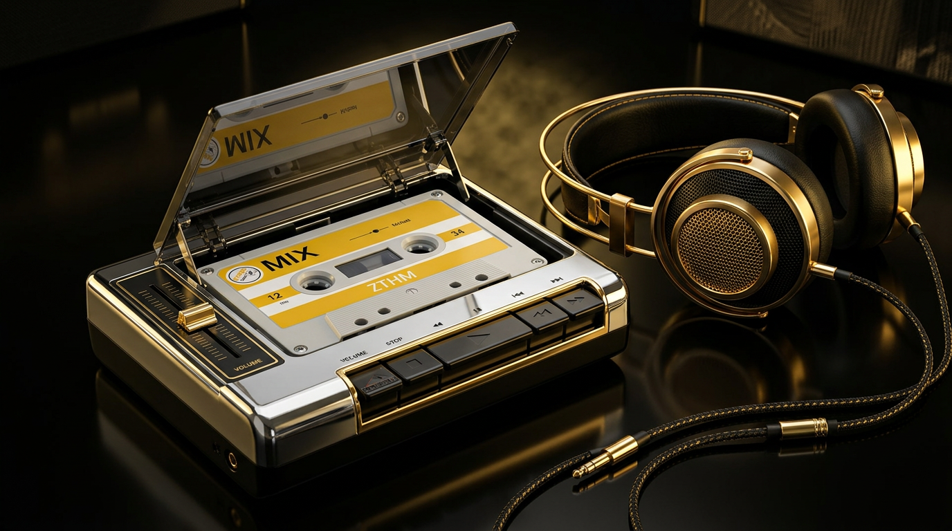 Chrome and gold cassette player with the ZTHM MIX tape loaded